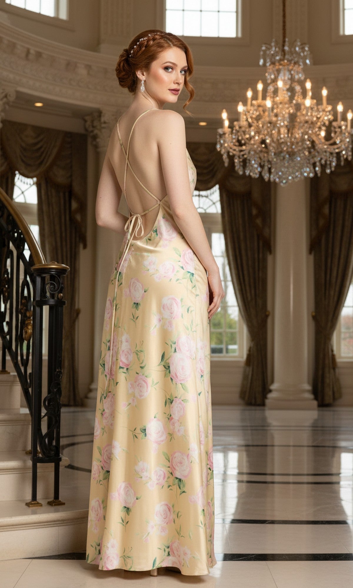 A woman in a backless Morgan 14175 yellow floral satin prom dress with a cowl neckline stands indoors near a staircase, with a chandelier and large windows in the background.